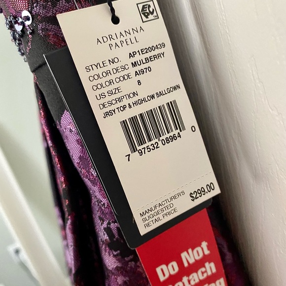 Adrianna Papell Mulberry Cap Sleeve Gown Jersey Top Metallic Printed High Low - Picture 11 of 11
